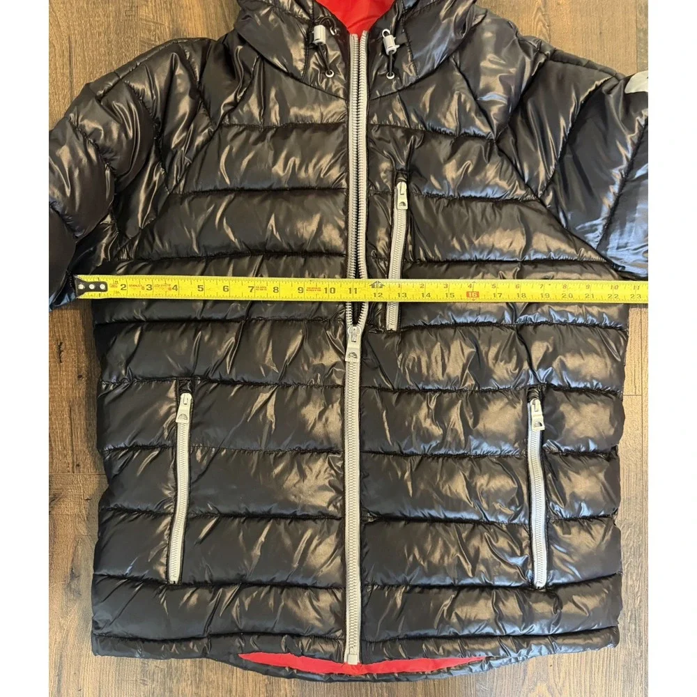 Guess Puffer Jacket Hooded Men's Large Black Red Interior New NWOT